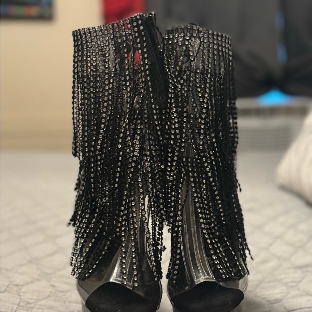 Pleaser Black and Silver Fringe Heeled Boots